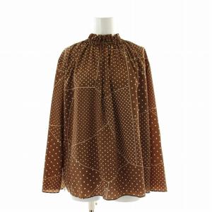 フレアシャツ ブラウス ギャザー 長袖 ハイネック ドット柄 36 茶 ブラウン
