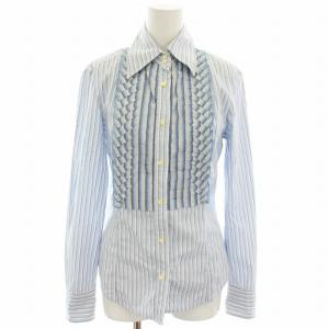 シャツ ブラウス 長袖 ストライプ柄 フリル 40 白 ホワイト 水色 ライトブルー 24-19623-513