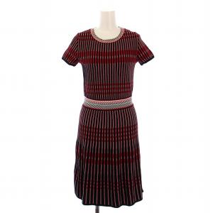 ニットワンピース ミニ フレア ストライプ 半袖 S 黒 ブラック 赤 レッド /DK