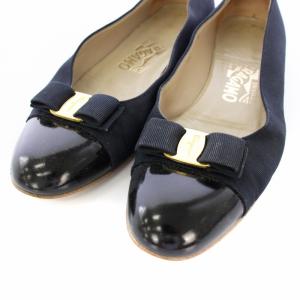 Salvatore Ferragamo  ヴァラ リボン パンプス フラットシューズ 6C 黒 紺 DO3498 /TK
