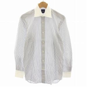 クレリックシャツ 長袖 ストライプ柄 39 白 ホワイト 紺 ネイビー /YT