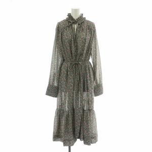 フラワープリント ミディワンピース フレア ミモレ ロング 長袖 フリル 花柄 リボン ベルト 34 マルチカラー