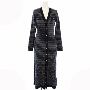 テクスチャードVネックマキシワンピース ニット ロング 長袖 ボーダー XS 紺 5100045500