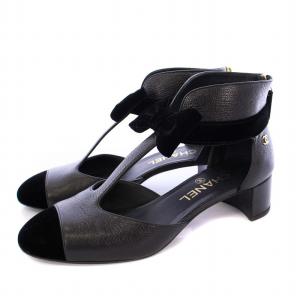 ココマーク リボン パンプス レザー ベロア 37.5C ブラック G35243