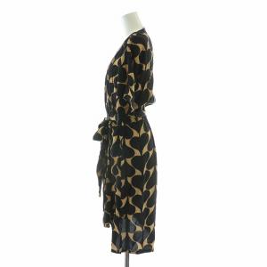 DIANE von FURSTENBERG カシュクールワンピース フレア ひざ丈 半袖 Vネック ストレッチ 総柄 ベルト インナーキャミソール付き 2 黒 ブラック