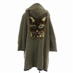 ニットコート アウター ロング丈 前開きトッパー フード ウール ストレッチ 猫 ネコ F 茶 ブラウン