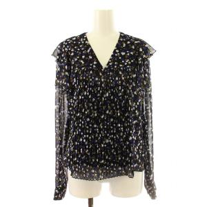 ブラウス シャツ プリーツ フリル 花柄 シアー シースルー 長袖 34 青 ブルー /DK