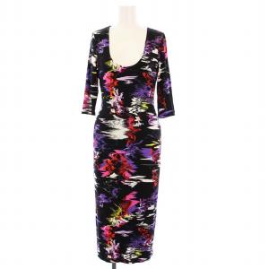 ロングワンピース 五分袖 タイト 総柄 2 ブラック