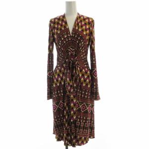 タグ付き フリルワンピース ミモレ ロング 総柄 Vネック 長袖 UK6 マルチカラー 14-35-00022