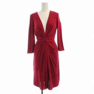 タグ付き ワンピース ひざ丈 Vネック 絹 シルク 七分袖 UK6 赤 レッド 14-04-00449