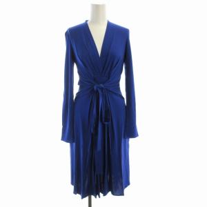 タグ付き ワンピース ミモレ ロング 絹 シルク カシュクールネック 長袖 UK6 青 ブルー 14-04-00413