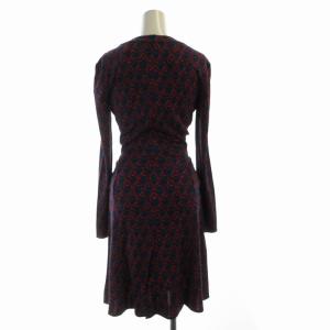 ISSA LONDON タグ付き ワンピース ひざ丈 総柄 Vネック 長袖 UK6 紺 ネイビー 赤 レッド 14-04-00452