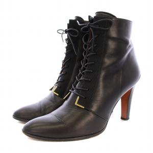 レースアップショートブーツ 2464 レザー サイドジップ 24.5cm 黒 ブラック /KU