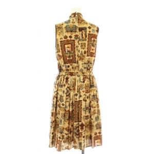 Lois CRAYON 13001576 ワンピース フレア ミモレ ロング ノースリーブ 総柄 プリント リボン M ベージュ