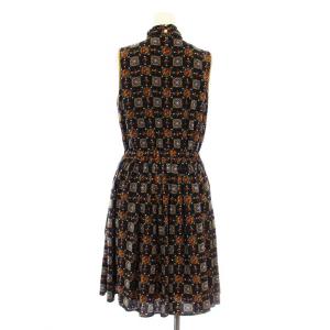 Lois CRAYON 13001682 ワンピース フレア ミモレ ロング ノースリーブ 総柄 プリント リボン M 紺 ネイビー