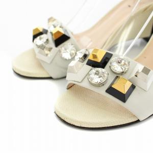 FENDI ビジューサンダル アンクルストラップ ウエッジソール レザー 25.5cm 白 ホワイト /YT D