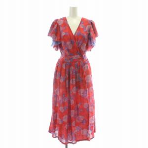 フレアワンピース シャツ ミモレ ロング 半袖 Vネック 花柄 総柄 F 赤 レッド 青 ブルー タグ付き