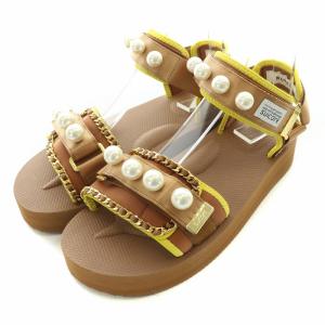 MUVEIL コラボサンダル アンクルストラップ 厚底 フェイクパール チェーン 装飾 US7 茶 ブラウン