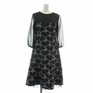 フレアワンピース ひざ丈 七分袖 シアー シースルー 切替 ペチコート付き 38 紺 ネイビー /BB