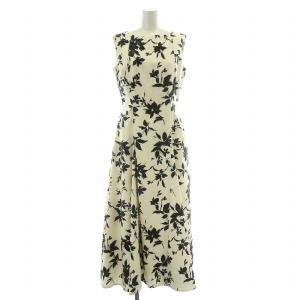 フレアワンピース ミモレ ロング ノースリーブ クルーネック 植物柄 ビーズ 装飾 総柄 38 アイボリー 黒 ブラック タグ付き