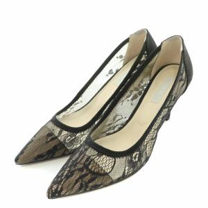 パンプス ポインテッドトゥ ハイヒール レース スエード 切替 38 黒 ブラック /BB