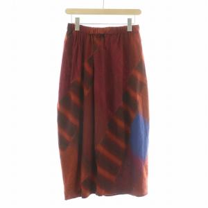フレアスカート ギャザー イージー ミモレ ロング ウエストゴム ストライプ柄 切替 総柄 ウール M オレンジ ボルドー