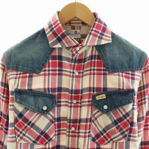 1PIU1UGUALE3 ラングラー Wrangler ウエスタンシャツ 麻 リネン混 長袖 チェック M レッド ブルー WS9061