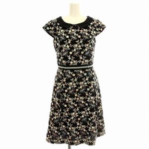 ワンピース 半袖 花柄 刺繍 NA0811 ひざ丈 2 黒 ブラック /G