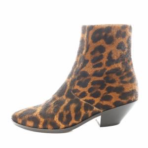 ショートブーツ ポインテッドトゥ チャンキーヒール レオパード ヒョウ柄 ハラコ 36.5 茶 ブラウン