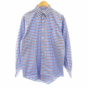 ボタンダウンシャツ 長袖 チェック柄 コットン M 水色 青 ブルー 赤 レッド /KU