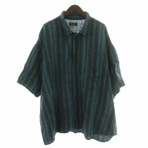 10XLリネンストライプシャツ カジュアル 半袖 レギュラーカラー 総柄 F チャコールグレー 青 ブルー