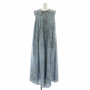 フレアワンピース ギャザー ミモレ ロング ノースリーブ ペイズリー柄 総柄 M 青 ブルー