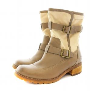 ショートブーツ サイドジップ ベルト レザー キャンバス 24.5cm グレージュ ベージュ /KU