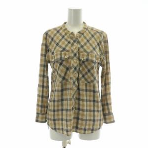 シャツ ブラウス 長袖 スキッパー バンドカラー チェック柄 シルク 38 茶 ブラウン ベージュ /BB