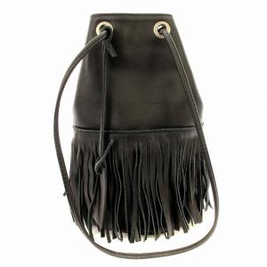 巾着 ショルダーバッグ フリンジ レザー 黒 ブラック /G