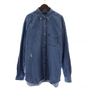 デニムビッグシャツ ボタンダウン カジュアル 長袖 レギュラーカラー 刺繍 XXL 青 ブルー /BB