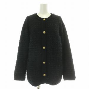 23AW TWEEDYニットジャケット アウター ツイード ノーカラー ストレッチ F 黒 ブラック 23-060-462-8163-4-0