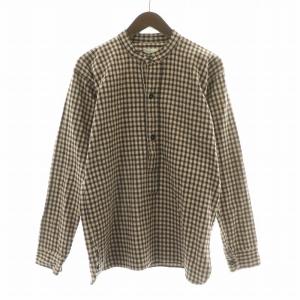カジュアルシャツ 長袖 バンドカラー ハーフボタン 裏起毛 チェック柄 38 茶 ブラウン /BB