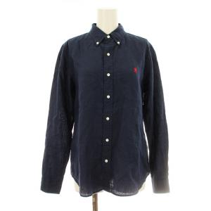 リネン長袖ボタンダウンシャツ J-0872 SLS 長袖 麻 刺繍 14 紺 ネイビー /KU