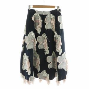 フラワーカットジャガードスカート ロング フリンジ 花柄 フレア 38 ネイビー ホワイト AP1716NV