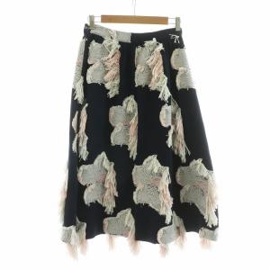 AKIRANAKA フラワーカットジャガードスカート ロング フリンジ 花柄 フレア 38 ネイビー ホワイト AP1716NV