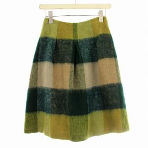 ウール スカート GBHAH-08390 チェック フレアスカート ひざ丈 M 緑 カーキ /G