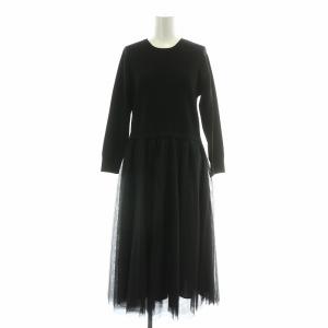 24SS チュールコンビワンピース フレア ギャザー ミモレ ロング 切替 ストレッチ 40 黒 ブラック
