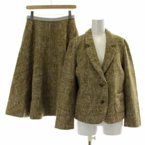 セットアップ テーラードジャケット シングル 総裏地 フレアスカート ひざ丈 ウール混 総柄 9 茶 ブラウン