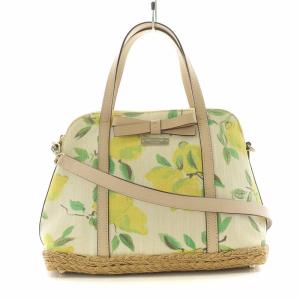 2WAY ハンドバッグ ショルダーバッグ レモン柄 リボン 麻 リネン 牛革 本革 ベージュ イエロー