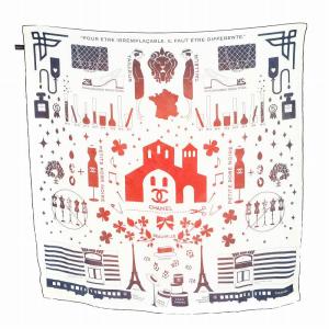 ココマーク スカーフ 総柄 シルク 絹 白 ホワイト 青 ブルー 赤 レッド /AN7 OH