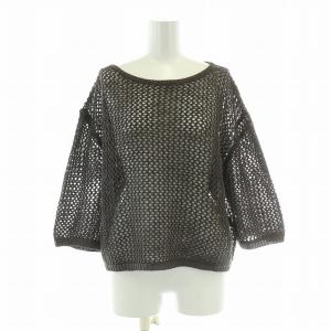 ニット 五分袖 ボートネック 鍵編み 麻 リネン混 茶 ブラウン /BB