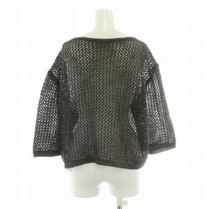 Leilian ニット 五分袖 ボートネック 鍵編み 麻 リネン混 茶 ブラウン /BB