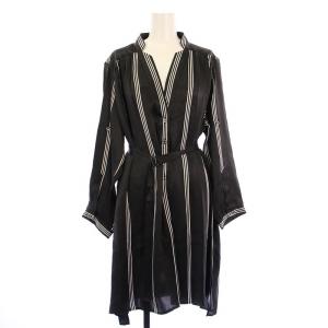 スキッパーシャツ ロング丈 ストライプ柄 シルク 40 ブラック ホワイト