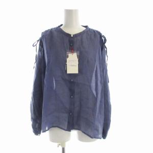 タグ付き シャツ ブラウス 麻 リネン ドロスト ビックシルエット 長袖 F 青 ブルー 73-01-BL-014-23-1